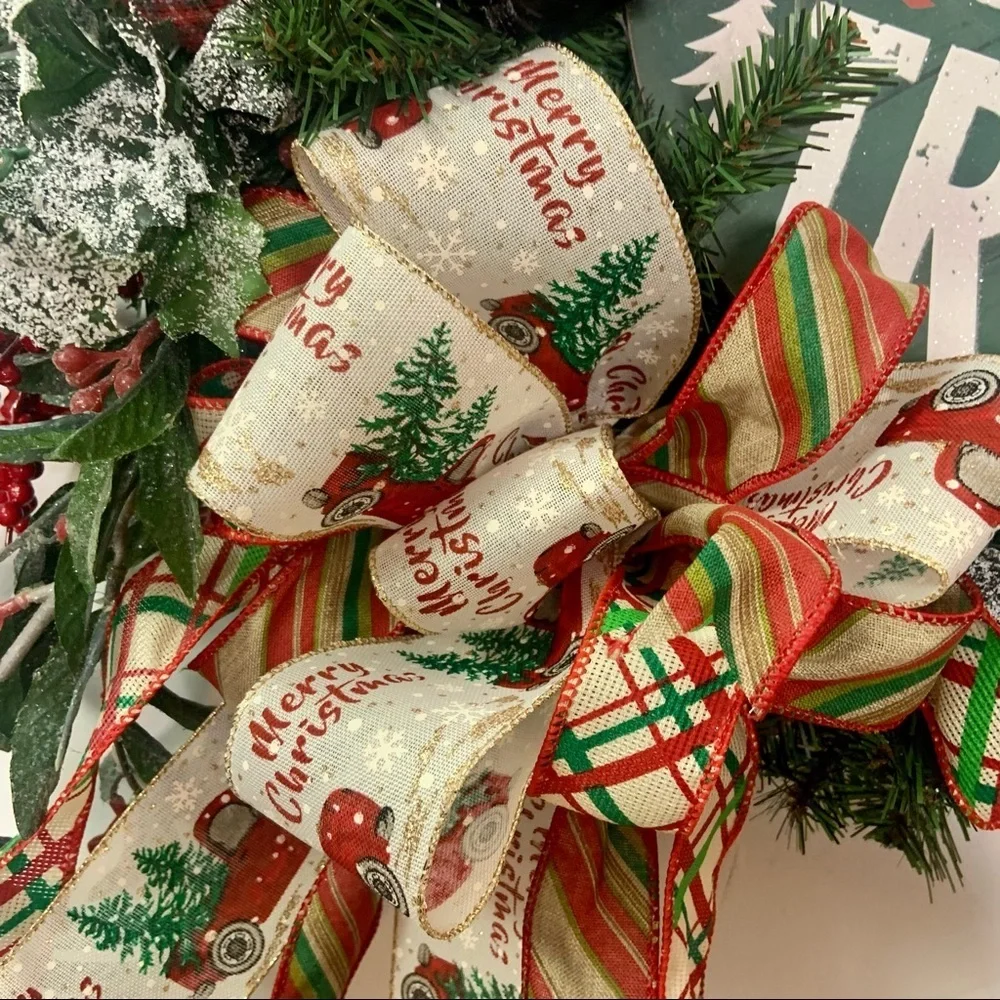 New Floral Rustic Christmas Farmhouse Pine Wreath Red Truck Trees Sign
